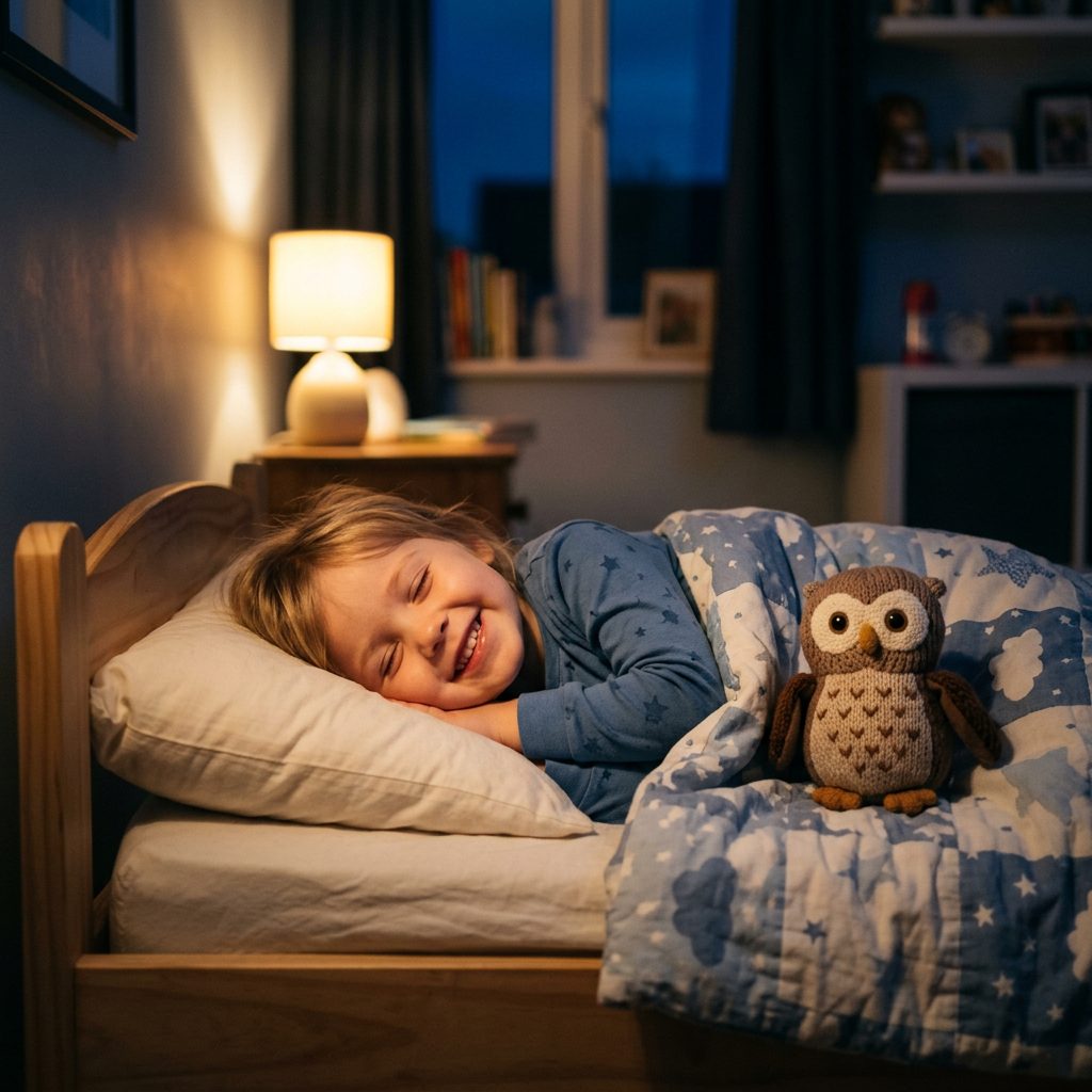 Un enfant s'endort paisiblement, le sourire aux lèvres, après son histoire