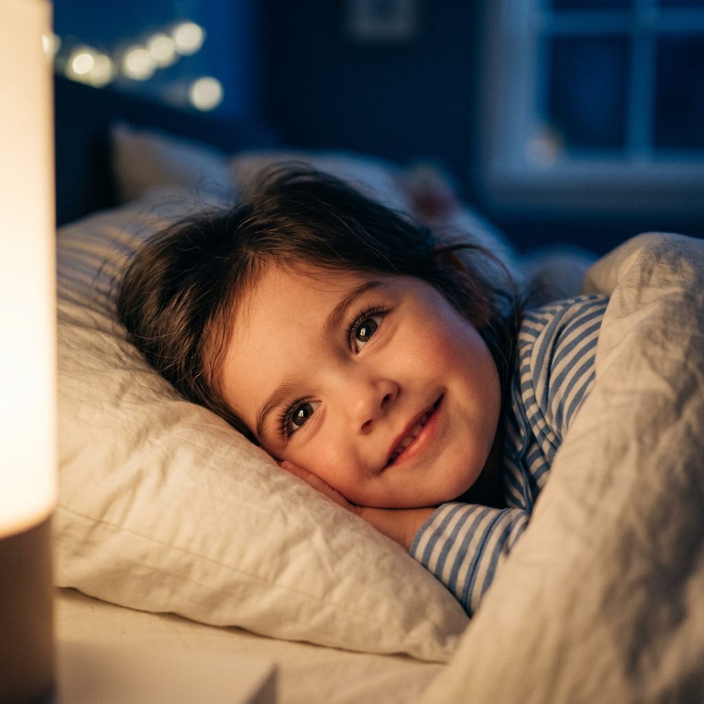 Visage d'un enfant émerveillé sur son oreiller